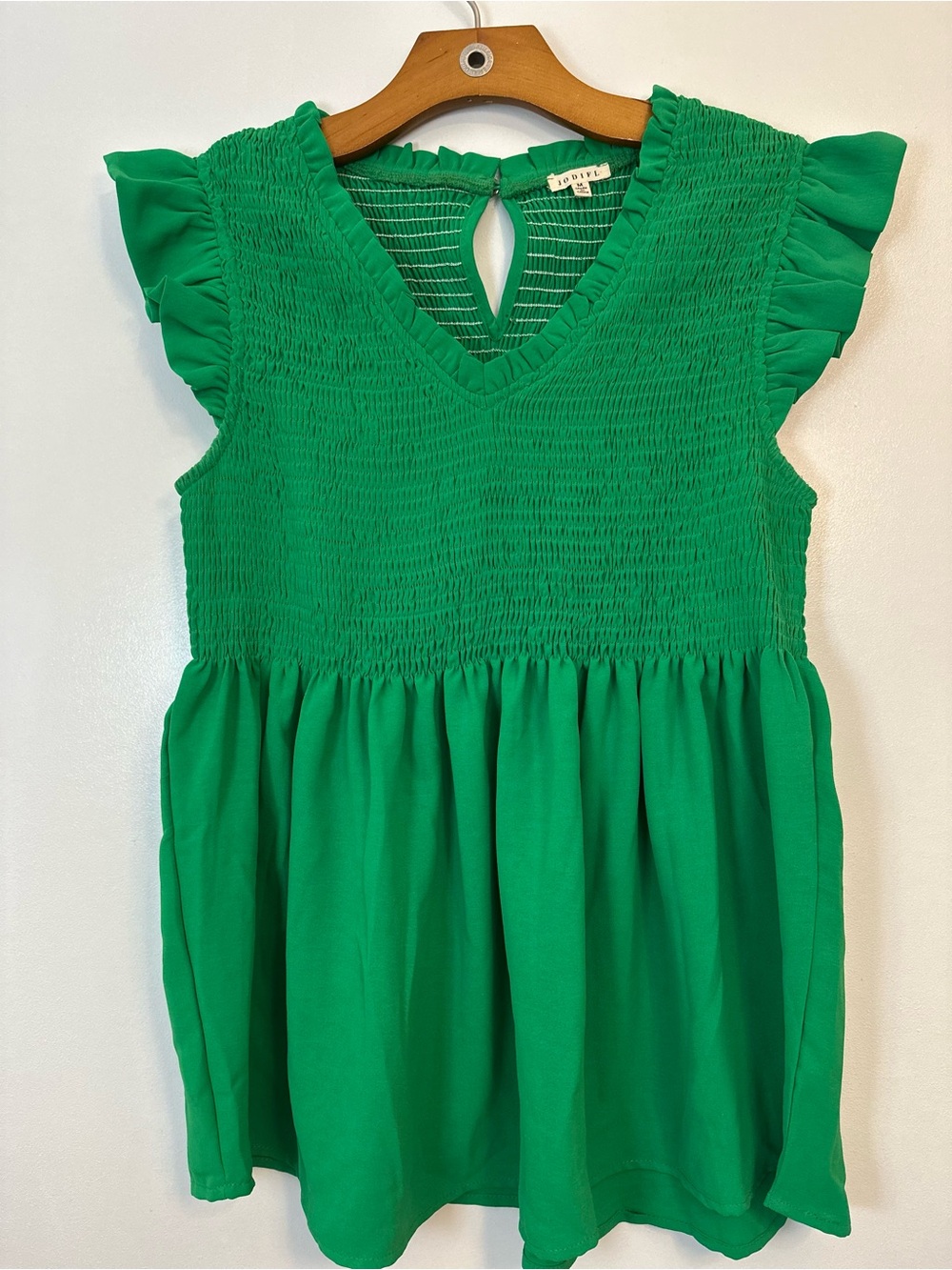 JODIFL Green Smocked V-Neck Ruffle Sleeve Blouse